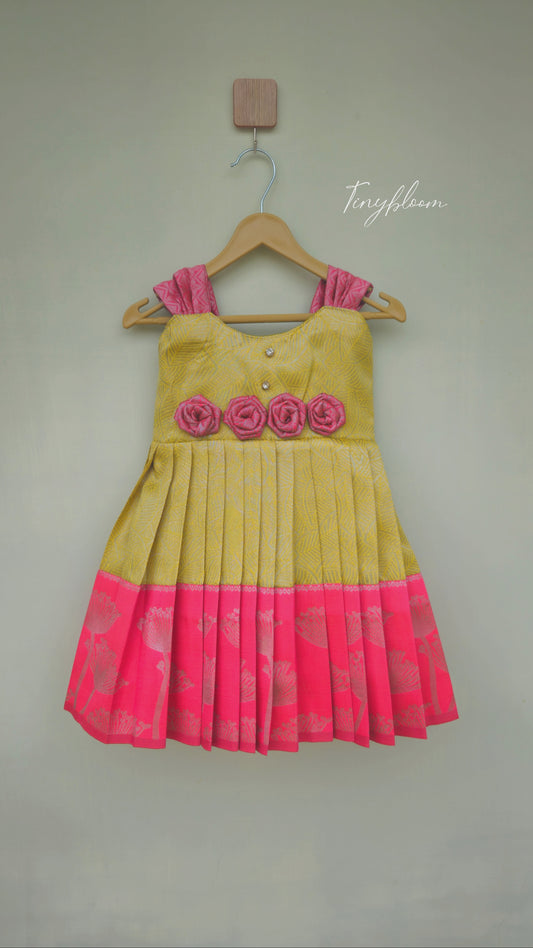 Semi silk Frock - Mustard Yellow and Deep Pink